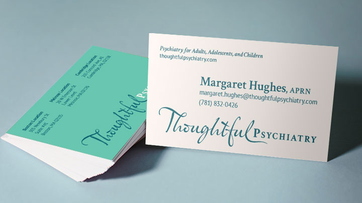 Thoughtful Psychiatry business card, front and back.